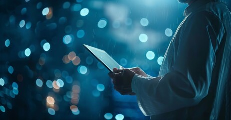 Close up photography, front view of futuristic businessman holding a tablet on a dark blue background. Man reading on tablet in rainy city night. Technology use during a nocturnal downpour in the city