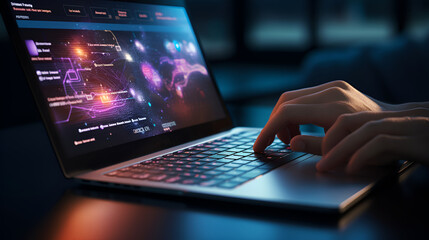 A male hand navigates interface options on a laptop trackpad, subtle graphics on screen envisioning innovative strategies to connect brands virtually in our technology-integrated world - obrazy, fototapety, plakaty