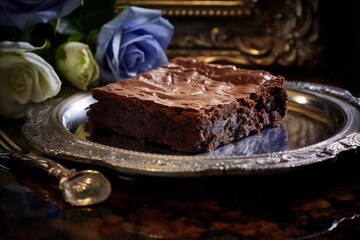 Tempting brownie on a plastic tray against an antique mirror background