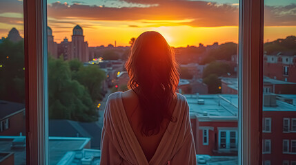 A woman in a dressing gown in front of a window, looking out over the city - obrazy, fototapety, plakaty