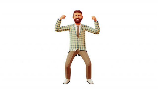 3D bearded man in jacket makes double biceps gesture. Animated male figure confidently making an Strong emphatic gesture. 3d animation with alpha channel
