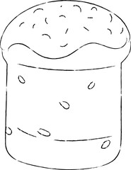Line art of Easter cake with white icing and raisins. Vector illustration of Easter baked goods with raisins, decorated with icing and confectionery sprinkles.