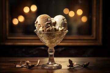 Hearty ice cream on a wooden board against an antique mirror background