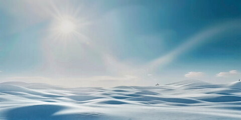Panoramic view of a tranquil snowy landscape with soft sunlight
