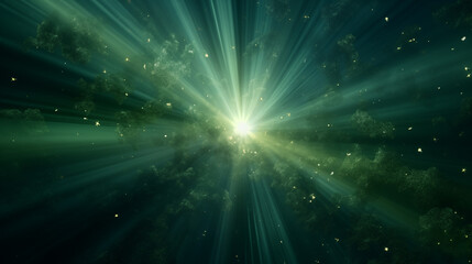 Dramatic cosmic explosion with green rays and particles in space