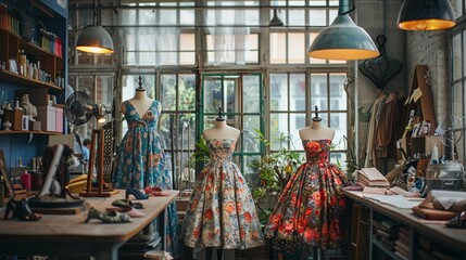 Elegant dress designs displayed amidst the bustling creativity of a workshop