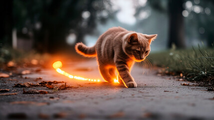 Playful cat chasing glowing light on pathway