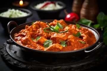 Tasty chicken tikka masala on a slate plate against an antique mirror background