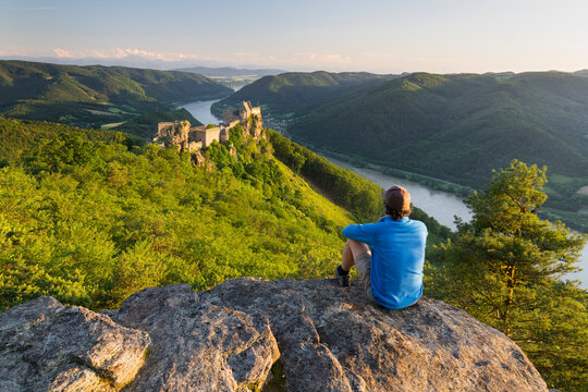 eine Person, Burgruine Aggstein, Donau, Wachau, Nieder&ouml;sterreich, &Ouml;sterreich