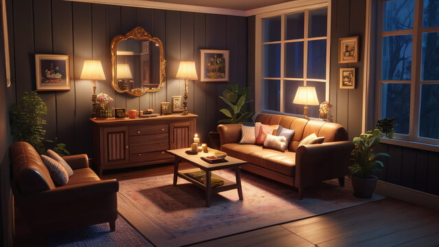 3d render of a vintage, cozy interior lighting, Generative AI