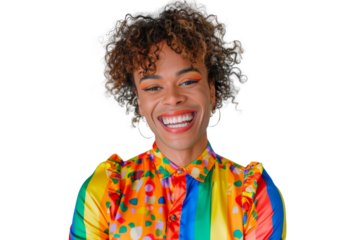 Portrait shot of Young joyful Gay man with colorful lgbt dress isolated on transparent background, Gay transgender smile and posing with trendy lifestyle.