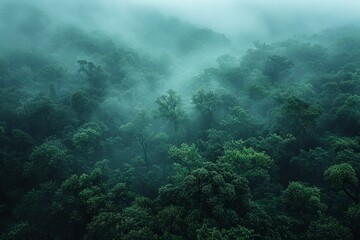 Naklejka na ściany i meble Misty hills covered in dense green foliage showcase the moody atmosphere of a forested landscape.