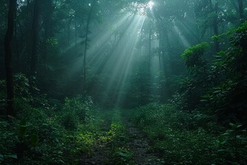 Fototapeta na wymiar Sunbeams filter through the dense foliage of a lush green forest, creating a mystical and tranquil scene.
