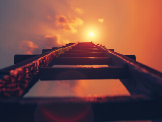 Ladder reaching towards the sky, metaphor for effort leading to success, low angle, sunset