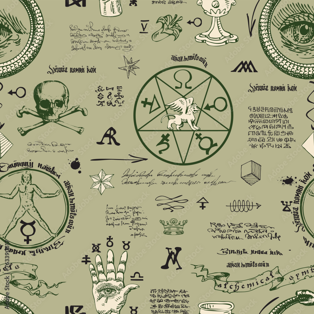 Poster seamless texture for printing on fabric and paper in the form of an alchemical formula with encrypte