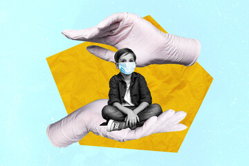 Composite photo collage of hands gloves little boy wear mask quarantine isolation covid lockdown...