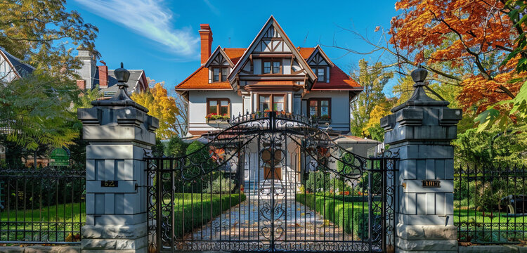 The crisp air of a clear day highlights a 2-story 19th-century house in Tremont, its dove gray walls and ruby red gable roof standing vibrant behind an elegant wrought iron gate