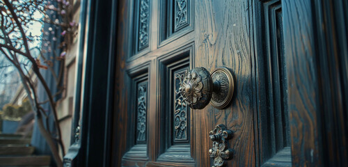 The detailed wooden door of a 1920s Tudor house in Cleveland, with intricate carvings and a unique...