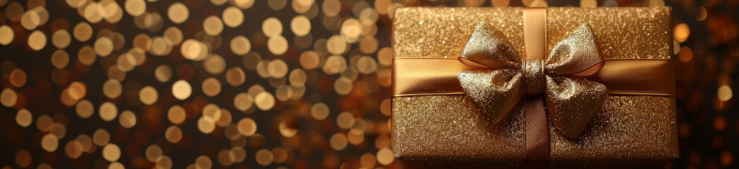 Gift box in gold craft wrapping paper and gold satin ribbon on gold background. - 763391068
