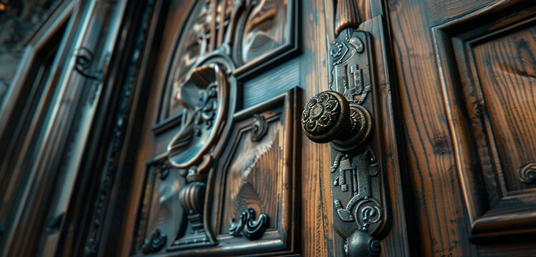 The detailed wooden door of a 1920s Tudor house in Cleveland, with intricate carvings and a unique doorknob, where natural wood color is replaced with 