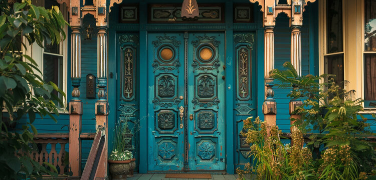 The detailed wooden door of a Turn of the Century Tudor Craftsman house, showcasing intricate carvings, painted in a vibrant teal instead of its original brown