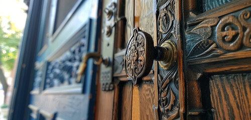 The detailed wooden door of a 1920s Tudor house in Cleveland, with intricate carvings and a unique doorknob, where natural wood color is replaced 