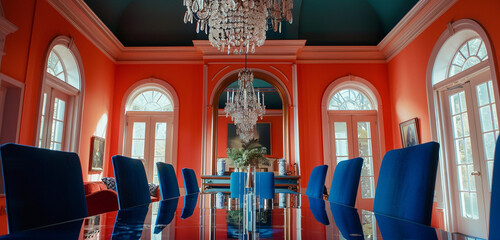 The dining room of a Cleveland Colonial Revival style home, showcasing a navy blue dining table set against a backdrop of coral walls, illuminated by a large, crystal chandelier. - obrazy, fototapety, plakaty