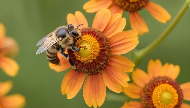 bee apis mellifera on helenium-flowers close up, professional photography