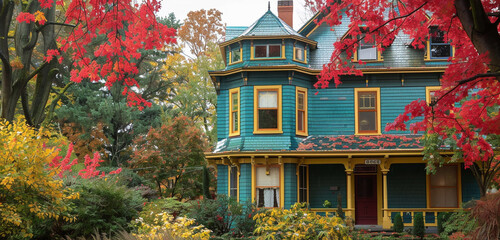 The exterior of a Cleveland Colonial Revival style house during autumn, its siding a unique shade of teal, accented by mustard yellow trim and surrounded by trees with red leaves. - obrazy, fototapety, plakaty