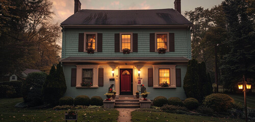 The facade of a Cleveland Colonial Revival house at dusk, illuminated by exterior lights,...