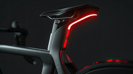 A high-end electric road bike with an integrated rear light on the handlebars, thanks to its flowing lines and minimalist design. Close-up of part of the seat, focusing on the details.