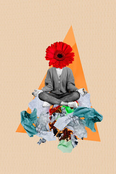 Composite trend artwork sketch image collage of black white silhouette young headless lady daisy flower instead sit lotus pose on garbage