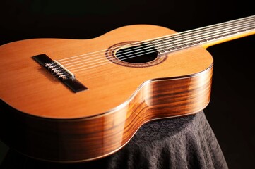 Classical Spanish flamenco guitar close up, dramatically lit isolated on black background with copy...