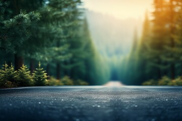 beautiful long road and pine on blurred background