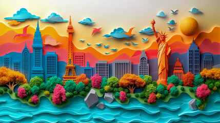 3D cut out paper style travel banner of city landscape with famous world landmarks. Travel concept, Paris, NewYork. - obrazy, fototapety, plakaty