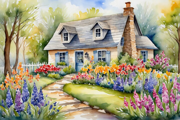 A cozy watercolor cottage surrounded by spring flowers, offering a sense of home, warmth, and the rejuvenation of nature - obrazy, fototapety, plakaty