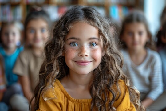 Curly-haired girl with blue eyes smiling, surrounded by her peers.