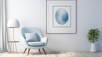 Light and Airy Living Room with Blue Armchair and Minimalist Artwork