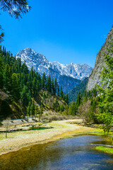 Jiuzhaigou Valley, Aba Qiang and Tibetan Autonomous Prefecture, Sichuan Province - beautiful lakes and mountains under the blue sky - obrazy, fototapety, plakaty
