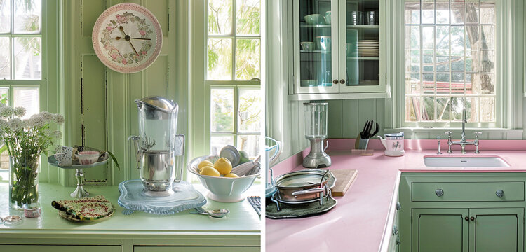 The kitchen interior of a Cleveland house in Colonial Revival style, featuring cabinets painted in pastel green and countertops in a striking shade of pink, with natural light flooding in.