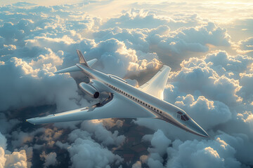 Futuristic supersonic aircraft gliding above the clouds at sunset - obrazy, fototapety, plakaty