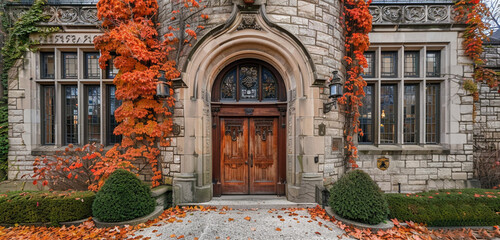 The ornate wooden door of a 1920s French provincial house in Lakewood set within a stone turret, surrounded by vibrant orange ivy - obrazy, fototapety, plakaty