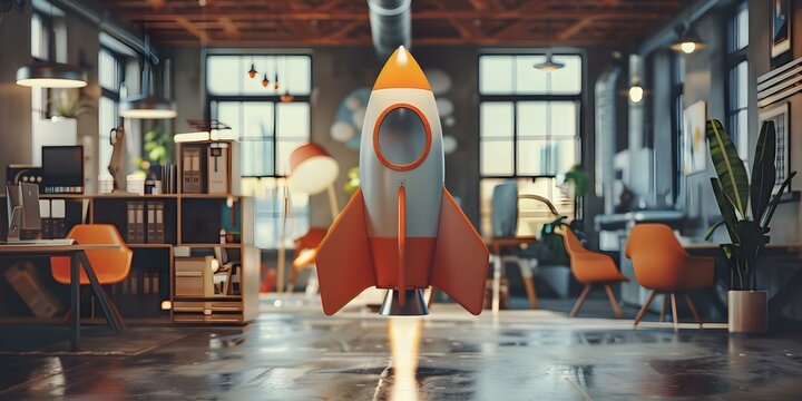 Innovative Rocket Launching in Contemporary Startup Office Space. Concept Startup Culture, Innovation in Office Spaces, Technology Advancements, Creative Work Environment, Entrepreneurial Spirit
