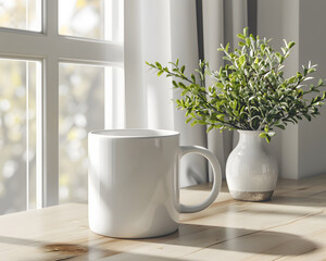 Fototapeta na wymiar White ceramic coffee mug mockup, just overlay your quote or design on to the image.