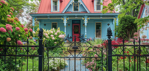 The vibrant colors of spring frame a 2-story 19th-century house in Tremont, with pastel blue walls...