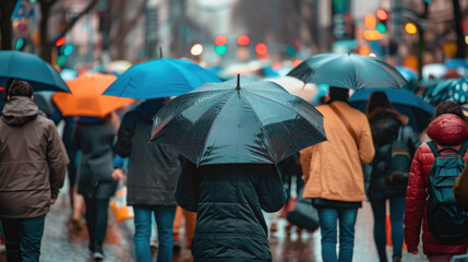 People walk down the street under umbrellas.