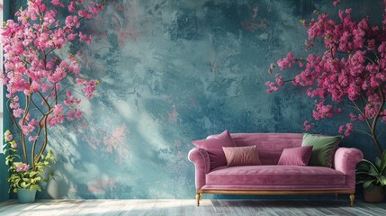 Vibrant wall as backdrop to chic furniture and springtime floral arrangement. Lively walls embracing plush sofas and flourishing blooms
