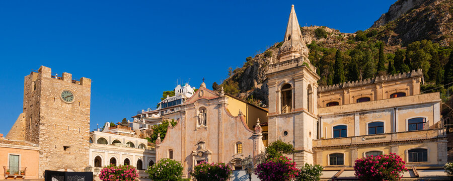 Piazza IX Aprile and San Giuseppe church in Taormina, Sicily, Italy; Taormina, Sicily, Italy