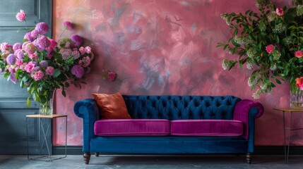 Vibrant wall as backdrop to chic furniture and springtime floral arrangement. Lively walls embracing plush sofas and flourishing blooms