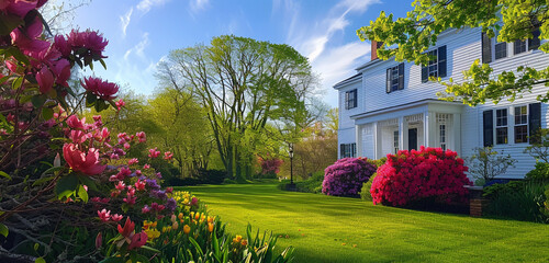 The vibrant green of spring surrounds an early 20th-century white clapboard colonial mansion, with blooming flowers adding pops of color under a bright blue sky
